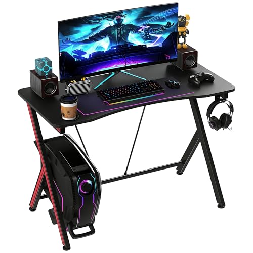 HOMCOM 41 inch Gaming Computer Desk, Home Office Gamer Table Workstation with Cup Holder, Headphone Hook, Cable Management, Carbon Fiber Surface