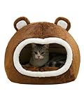 QWINEE Bear Shape Indoor Cat Bed Cave with Removable Cushion - Pet Plush Tent House Cartoon Ear Design Pet Bed with Pompom for Cats Kitten Dogs Puppy and Rabbit Brown Small