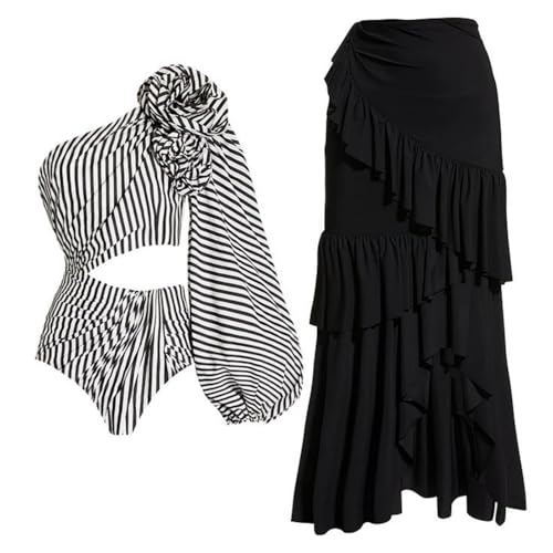 Women's One Piece Swimsuit with Long Cover Up Skirt, Off Shoulder Design with Asymmetric Sleeve & 3D Floral Accent