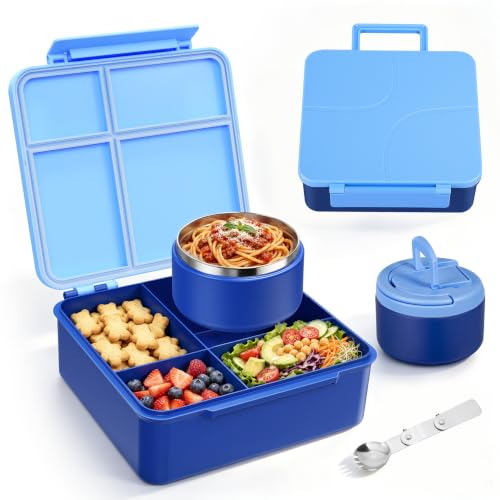 Image of Bento Lunch Box Set for Kids with 8 oz Soup Thermo, Leakproof Hot Food Container with 4 Compartments, Insulated Food Jar for Toddler Daycare Boys Girls School - Blue