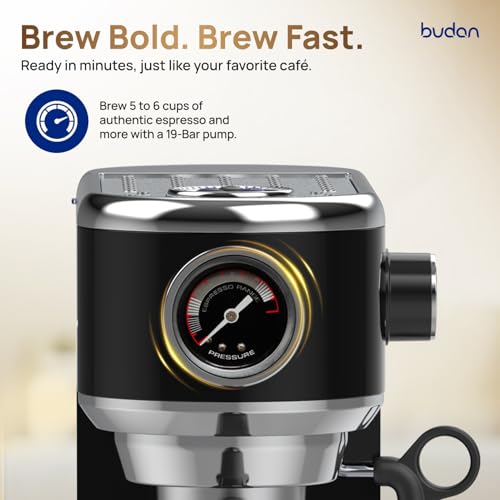 Image of Budan Bolt Espresso Machine | 19-Bar Pump | Milk Frother Wand for Espresso, Cappuccino, Latte & Mocha | Adjustable Frothing | Stainless Steel | Midnight Black | 1-Year Home Use Warranty only | 19 Bar Pump, Milk Frother Steam Wand for Cappuccino, Latte, 1450W Quick Heating, 1-Year Home Use Warranty