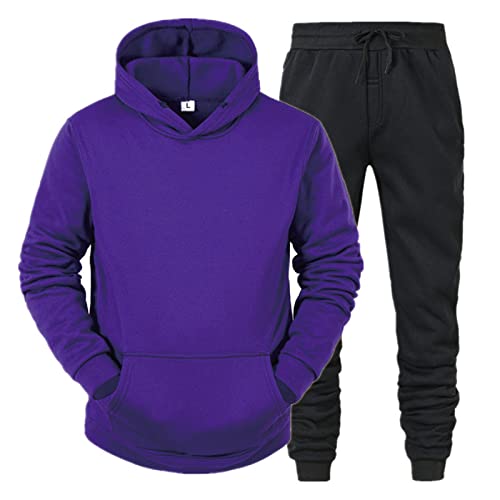 Nouveaux Hommes et Femmes Plus Cachemire 2 pièces à Capuche Costume de Sport Tenue décontractée Costume de Jogging Confortable Couleur Unie,Purple-XXL Cover