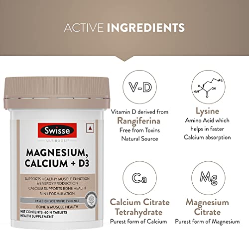 Swisse Magnesium, Calcium+D3 Australia's No.1 Magnesium Supplement - Supports Muscle Function, Energy & Bone Health (Manufactured In Australia) - 60 Tablets (1 Tablet Per Serving)