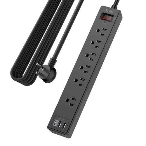 20Ft Power Strip Surge Protector - Yintar Extension Cord with 6 AC Outlets and 3 USB Ports for Home Office Dorm Essentials 1680 Joules ETL Listed Black