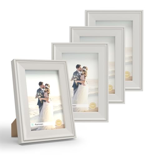 Image of iRahmen 4x6 Picture Frame Set of 4, Cream Rustic Retro Photo Frame with Real Glass, Wood Farmhouse Style 4 x 6 Picture Frames for Wall Mount and Tabletop Display