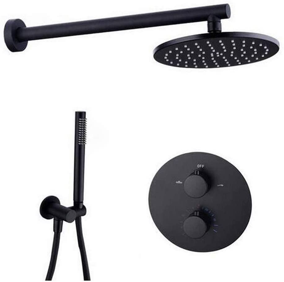 Ensemble de douche thermostatique noir en laiton avec pommeau rond 20 cm et douchette chic
