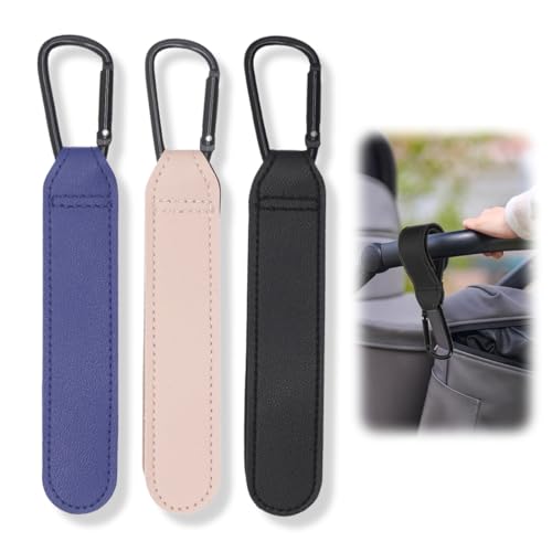 ZORVYN 3 Ganchos para Carro de Bebé Porta Bolsos Estilo Cuero con Cierre de Velcro (Negro)