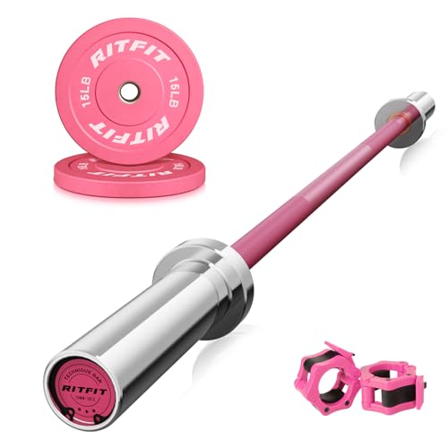 RitFit Barbell Weight Set - 4/6FT Olympic Barbell with Weight Plates (55-115LB Total) - Weightlifting Equipment for Squats Curls Deadlifts Presses Hip Thrusts 4FT Pink Bar with 30LB Pink Plates