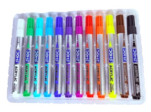 Image of Doms Acrylic Paint Marker- 12 Assorted Shades| Soft Bullet Tip| Bright & Rich Colours| Perfect For Pop, Abstract & Graphic Design Art| Pack of 1