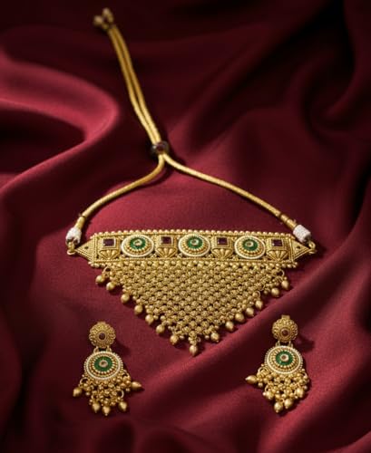 Image of Veltreo International Temple Jewelry Choker with Intricate Beadwork & Green Stone Detailing Gold-Toned Bridal Necklace Set with Earrings for Women