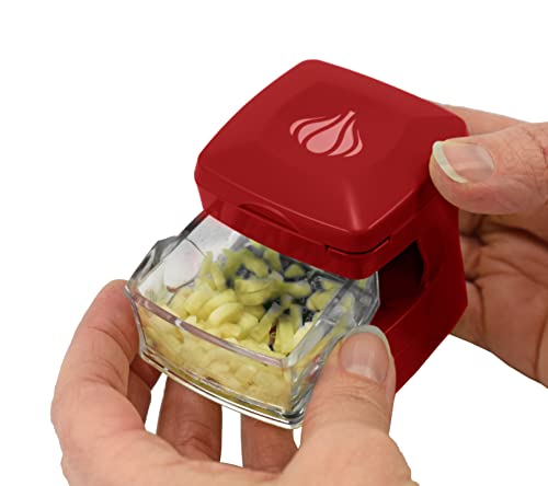 Kitchen Innovations Garlic-A-Peel Garlic Press, Crusher, Cutter, Mincer, and Storage Container - Includes Silicone Garlic Peeler - Easy to Clean - Stainless Steel Blades – (Red), standard