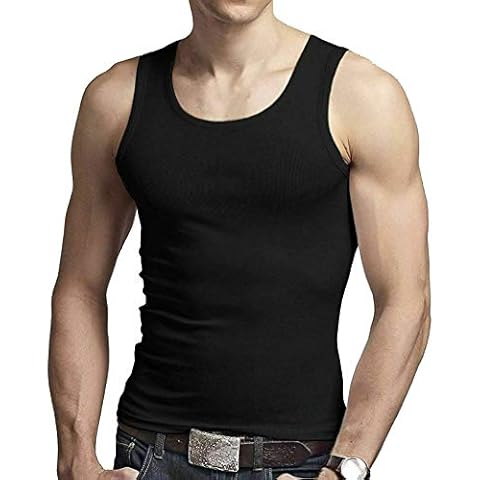 Men's 100% Cotton Singlet Sleeveless Vests Bodybuilding Training Gym Tank Tops Basic Plain Colour Casual Undershirt (M, Black) Cover
