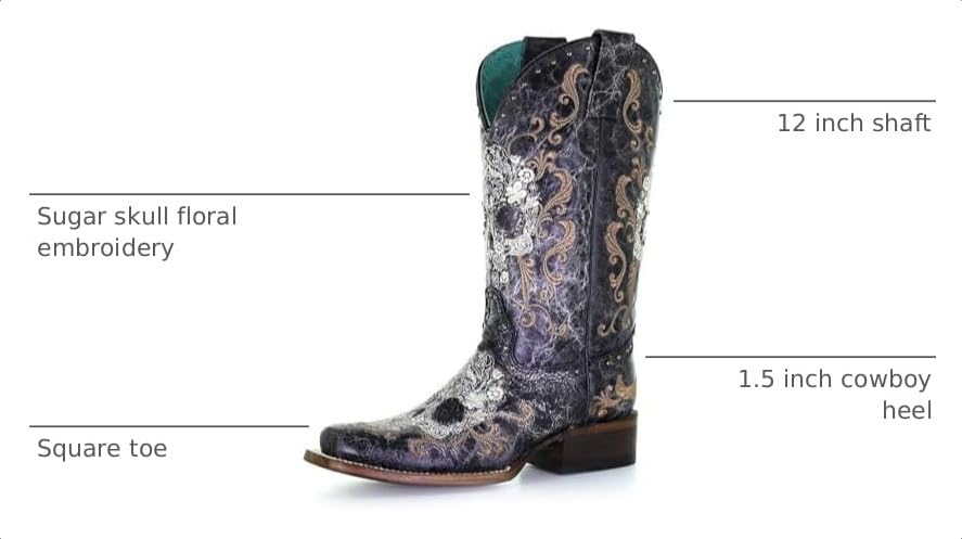 Image of Corral Boots Women's White Floral Sugar Skull Embroidery & Studs Square Toe Mid-Calf Leather Western Cowboy Boots