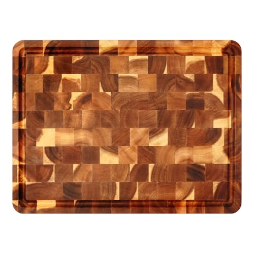 H FURNI 20" x 15" x 1.5" Thick Acacia End Grain Cutting Board, Wooden Chopping Board for Meat, Cheese and Charcuterie Board Built-in Handles with Juice Grooves, Durable, Easy Clean Kitchen Gift