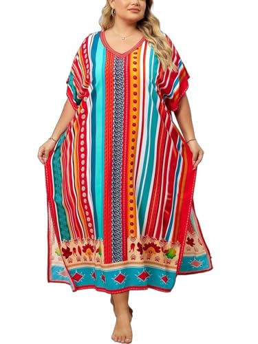 Image of KECVOT Kaftan Dresses for Women V-Neck Print Swimsuit Cover Up Plus Size Beach Caftan Lounge Dress