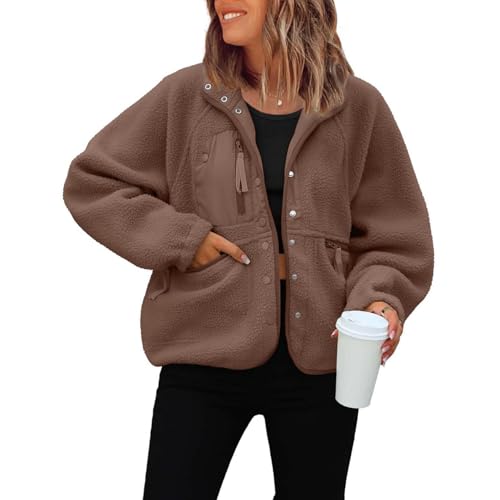 Generisch Chaqueta de forro polar para mujer, abrigo corto de lana sherpa con botones, abrigos cálidos en invierno con bolsillos, marrón, L