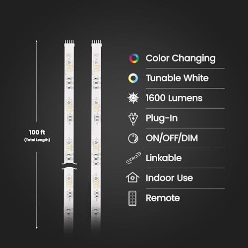 Image of Feit Electric 100ft Chasing & Tunable White LED Tape Light, Dimmable, RGB Colors, Cuttable for Custom Fit, Slim 0.4-Inch Width, Indoor /Outdoor Plug-in Light Strip, Remote Controlled, TAPE1200 /CHASE
