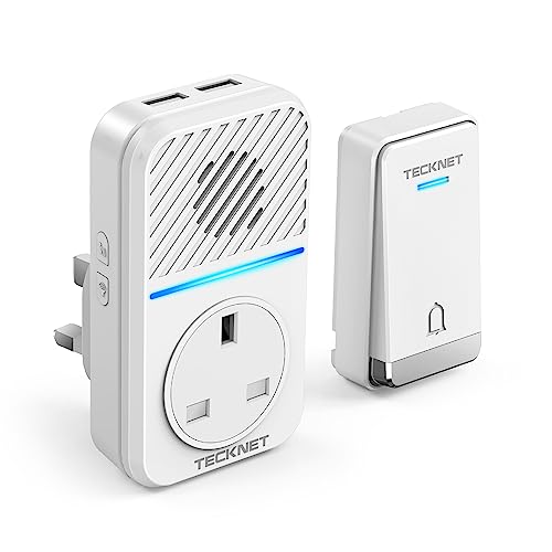 TECKNET 2-in-1 Plug-Through Wireless Doorbell with USB & AC Sockets, Self-Powered Doorbell, Doorbell & Charger in One, Save Your Wall Socket, 1300ft Range, IP65 Waterproof, 60 Chimes, LED Light Flash