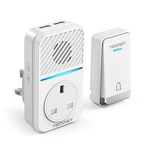 TECKNET Plug Through Wireless Doorbell with AC/USB Sockets, IP65 Waterproof Self-Powered Cordless Door Bells, 400M Range Plug in Door Bell Kits,60 Chimes,5-Level Volume&LED Light Flash