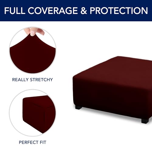 Image of PureFit Super Stretch Form Fit Square Ottoman Cover Rectangle - Ottoman Slipcovers for Foot Stool & Folding Storage Furniture for Living Room with Nonslip Elastic Bottom (Medium-XL, Wine)