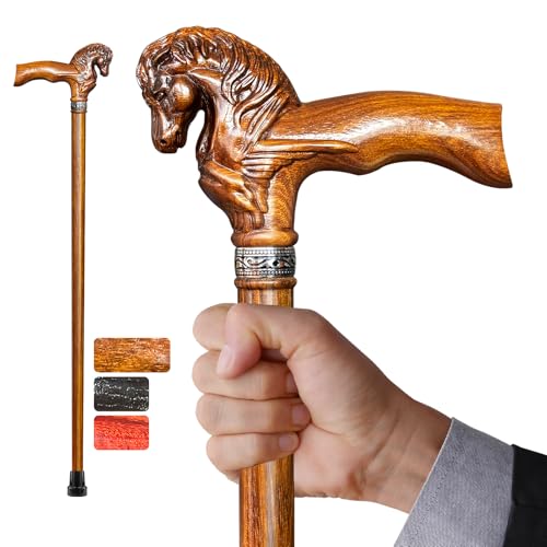 Uoagain Wood Walking Cane, Elegant Hand-Carved Horse Head Wooden Walking Cane for Men and Women, Handmade Stylish Canes for Seniors, Light Stable High-end Canes Suitable for Gift Giving (Zebrawood)