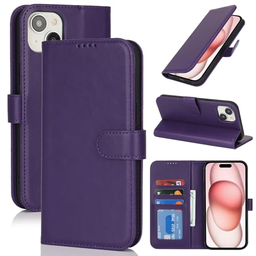 Image of for iPhone 15 Case Wallet with Card Holder,for iPhone 15 Wallet Case for Women Men,PU Leather Shockproof Magnetic Buckle Stand Flip Phone Case-Purple
