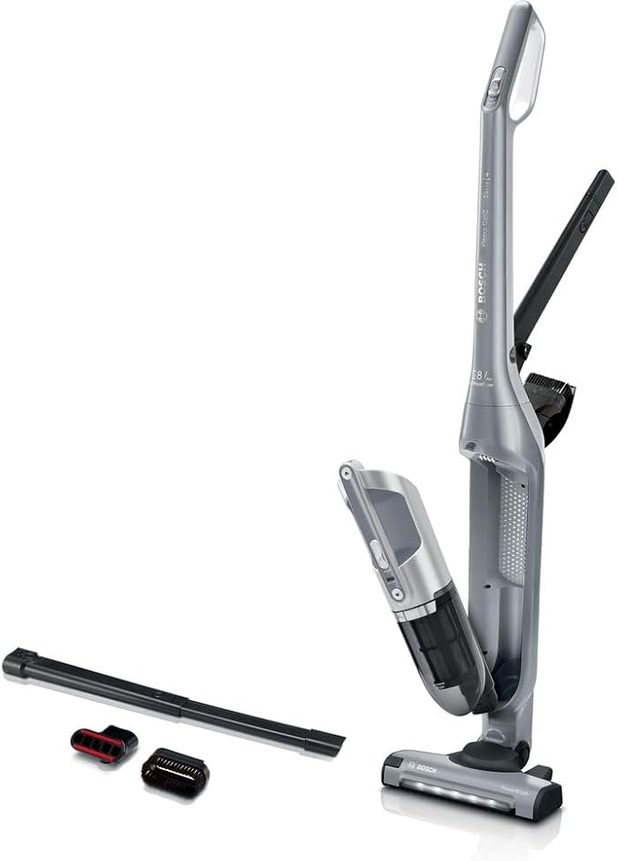 Bosch Hausgeräte Flexxo 2 en 1 Serie 4 BBH3K2801 - Aspiradora inalámbrica de mano sin bolsa, alta potencia de succión, larga duración, boquilla con iluminación LED, todo tipo de suelos, color plateado