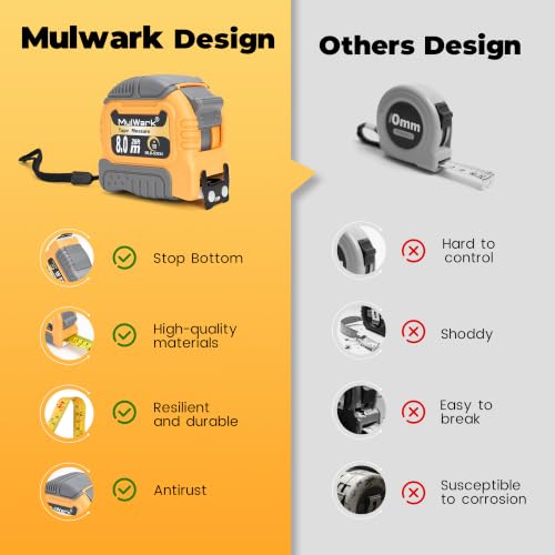 MulWark Wide Tape Measure 25 ft, Double Secure Blade Lock Tape Measure Retractable with Stop Button, Both-Side Metal Blade, Magnetic Hook for Construction, Carpenter, Architect, Woodworking — view 6