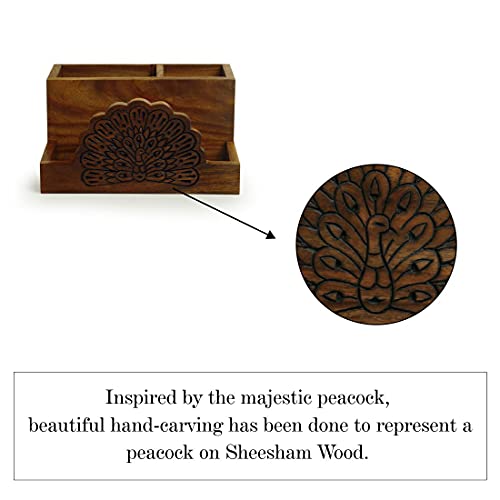 Image of ExclusiveLane 'The Dancing Peacock' Hand Carved Wooden Cutlery Stand & Stationery Holder In Sheesham Wood - Spoon Stand Holder With Napkin Holder Tissue Holder For Dining Table Organizer Spoon Stand