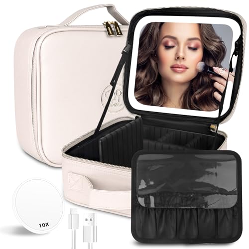 MOMIRA Travel Cosmetic Train Case with Lighted Mirror 3 Color Scenarios Cosmetic Bag Organizer with Adjustable Dividers Makeup Storage for Women, Makeup Accessories & Tools Case khaki