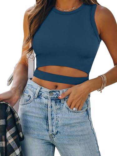 Image of ANRABESS Women Tank Tops High Neck Sleeveless Sexy Cutout Racer Back Going Out Crop Tops Shirts Summer Y2K Outfits