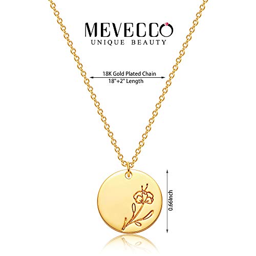 Mevecco Birth Flower Necklace 18K Gold Engraved Custom Floral Pendant Necklaces Dainty Birth Month Flower Disc Charm Hand Stamped Flower Disk Necklace Personalized Jewelry Birthday Gift For Her #TOP5