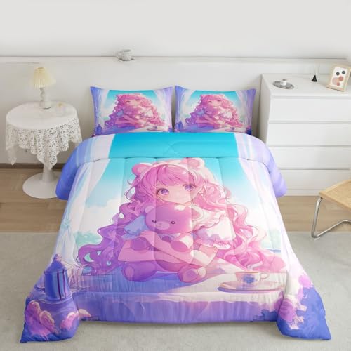 Image of Erosebridal 3D Anime Girl Comforter Set King, Japanese Girl Romance Love Bedding Cartoon Anime Gifts Bedding Comforter Sets, Rabbit Lovers Gifts - 1 Comforter 2 Pillow Cases