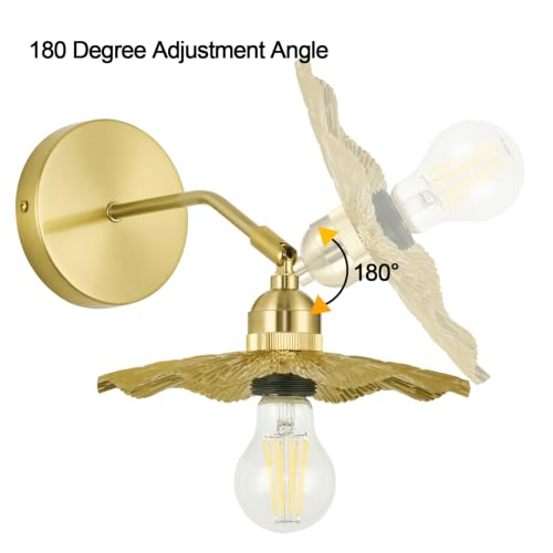 Image of PASSICA DECOR Hardwired Wall Sconces Set of Two 2 Pack 180 Degree Adjustable Vintage Metal lamp with Gold Finished,Shade with Veins Pattern Wall Lighting Fixture for Bedroom Vanity Farmhouse
