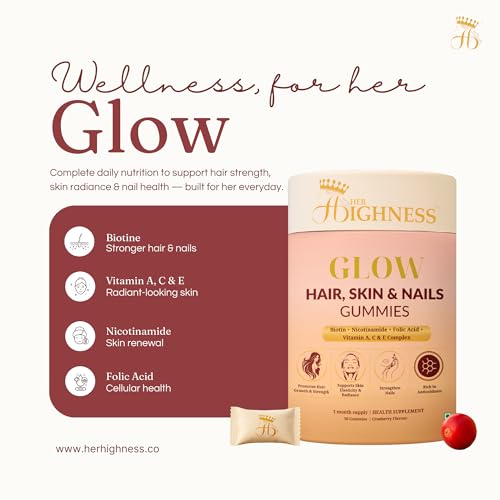 Image of Her Highness GLOW Hair Skin & Nails Gummies for Women | 30 Gummies | Biotin, Vitamin B Complex, Vitamins A, C, D, E, Folic Acid, Nicotinamide | Healthy Hair, Radiant Skin & Strong Nails Support | No Added Sugar | No Added Preservatives | 100% Veg | Cranberry Flavour