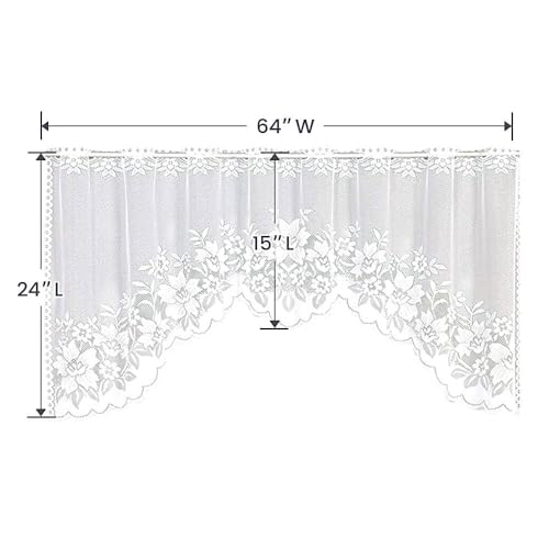 WUBODTI White Lace Swag Curtains for Kitchen, Sheer Floral Embroidery Window Valances Hollow Knitted Home Decor Lace Valance Curtains for Living Room Bathroom Cafe Small Windows, 63" Wx24”L