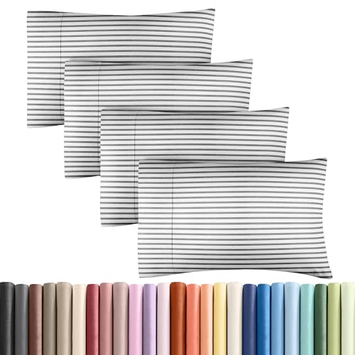 Queen Pillow Cases Set of 4 - Ultra Soft Pillowcase Covers - Grey Stripes
