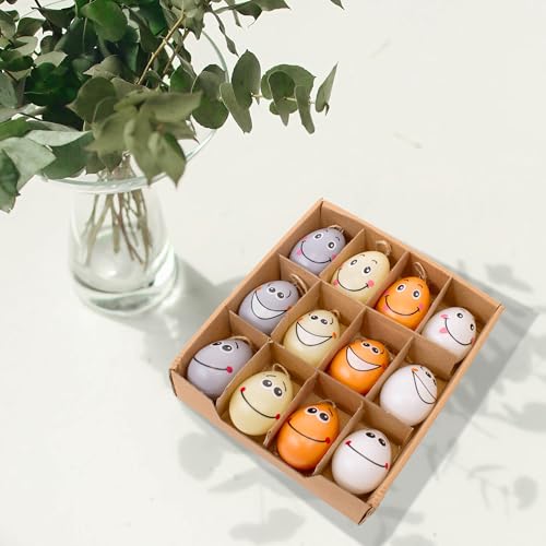 Bunte Ostereier aus Kunststoff mit Gesichtern 12 Stück, Oster Eier zum Aufhängen oder als Osterdeko, 12 Ostereier aus Plastik mit Band 6x4cm groß, Diverse Farben, ideale Beigabe zum Oster-Geschenk