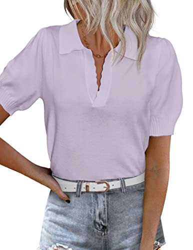 Zeagoo Womens Puff Short Sleeve Sweater Collar V Neck Pullover Tops Ribbed Knit Sweater Blouse Light Purple #TOP7