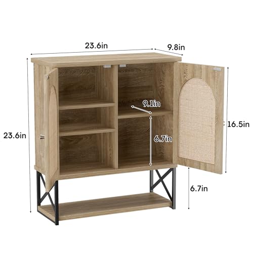 Image of Rattan Bathroom Wall Cabinet, Boho Medicine Wall Cabinet with Double Doors and Adjustable Shelves, Tall Kitchen Wall Mounted Storage Cabinet, Floating Space Saver Over Toilet, Natural