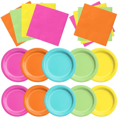 Image of CMUSKO 60pcs Tropical Plates and Napkins - Hawaiian Party Supplies Pink Green Yellow Summer Themed Tableware for Luau Party Decorations