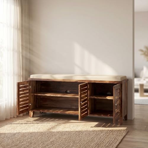Image of Amazon Brand - Solimo Wigan Solid Sheesham Wood Shoe Rack (Natural Finish, 4 Shelves, 3 Doors)