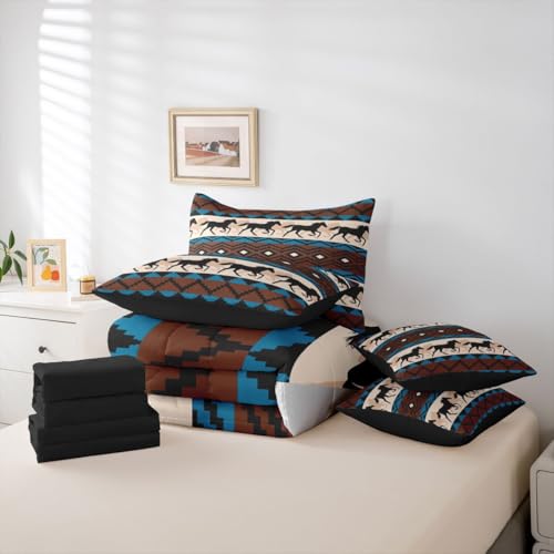 Image of Erosebridal Black Galloping Horse Bed in a Bag King Size Comforter Set 7-Piece | Western Bedding Sets Exotic Aztec Comforter and Sheet Set, Nordic Style Boho Tribal Wild Animal Room Decor,Blue Brown