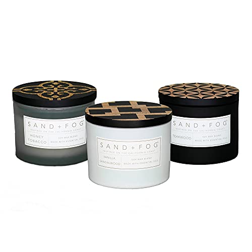 Sand + Fog Set of 3 Scented Candles | Vanilla Sandalwood | Teakwood| Honey Tobacco | 12 oz Each