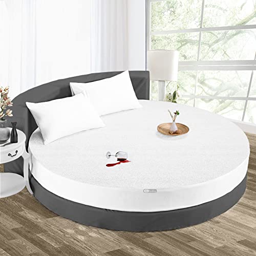 84" Diameter Waterproof Mattress Protector Pad Cover Round Bed Fitted Style Soft Terry Cotton White Fits Up To 15" Inch Deep Pocket Easy Washable Vinyl-Free #TOP6