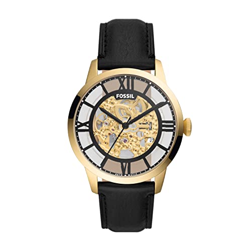 Fossil Men's Townsman Auto Automatic Stainless Steel and Eco Leather Three-Hand Skeleton Watch, Color: Gold, Black (Model: ME3210)