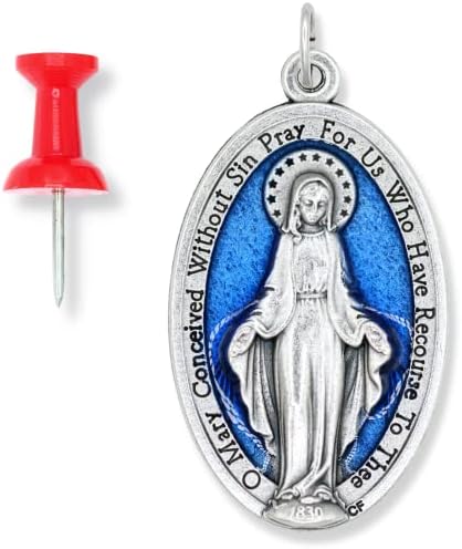 Caritas et Fides Miraculous Medal Pendant Necklace Extra Large - 4.2cm Silver Oxidized with Blue Enamel Accent Large Miraculous Medals for Jewelry Catholic Made in Italy,, Silver
