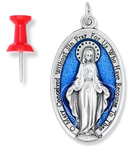 Gifts Catholic, Inc. Mary Miraculous Medal Pendant Charm XL H 1 3/4 W 1 Silver Ox with Blue Enamel Finish Catholic Made in Italy