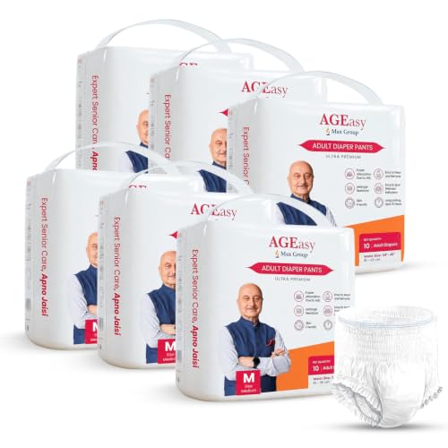Image of AGEasy (Max Group) Unisex Adult Diaper Pants | M (Waist 24-45 inches) | 60 Units | Overnight Leak Protection | Wetness Indicator | Odour Lock | Anti-Bacterial | Skin Friendly