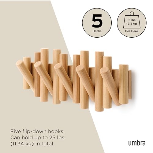Umbra Picket Coat Rack Wall Mount – 5 Flip-Down Wood Coat Hooks, Modern & Functional Storage, Easy Install Wall Hooks, Natural by Umbra - Image 5